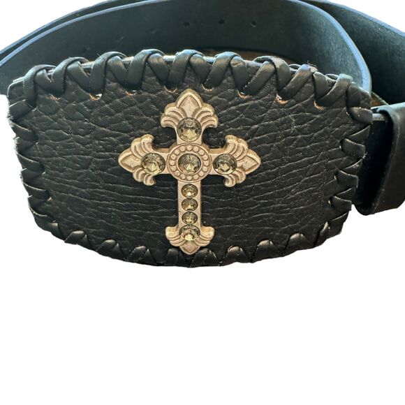 Unbranded Other - Vintage Y2K Black Leather Cross Belt Rhinestones Unisex Large 36-38
